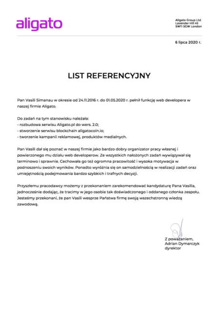 Referencja od Aligato za pełnione funkcje web developera