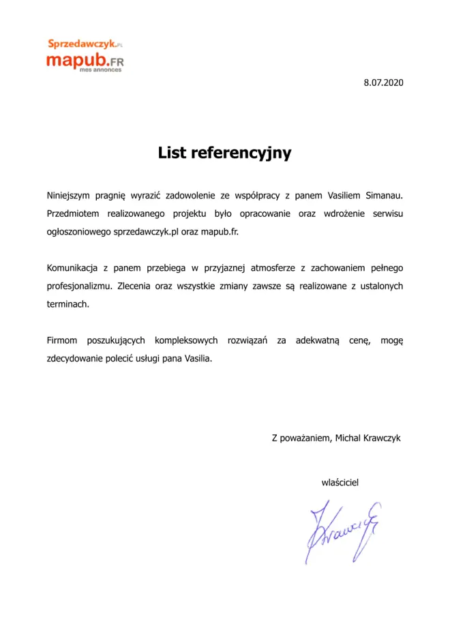 List referencyjny od Pana Michała Krawczyka wyrażający zadowolenie ze współpracy nad stroną ogłoszeniową
