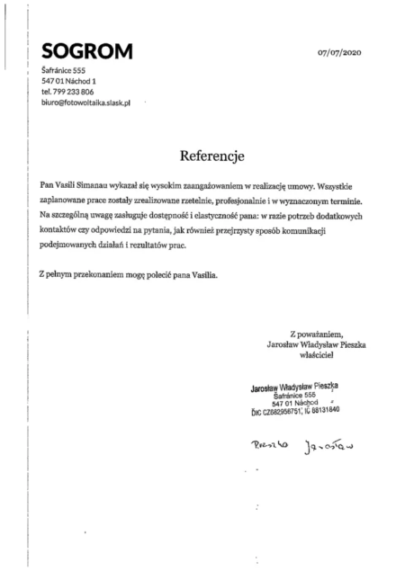 Referencja od Sogrom o wysokim zaangażowaniu w realizacji umowy jako webmaster
