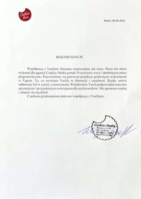 Rekomendacja współpracy nad serwisami internetowymi oraz prac programistycznych od CookiesMedia