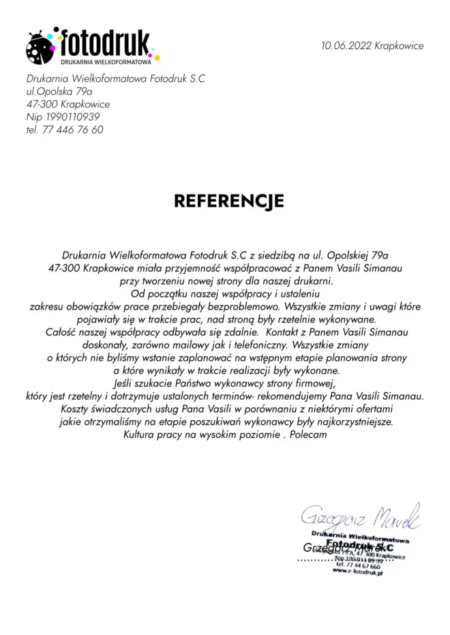 Referencje o przyjemnej współpracy przy tworzeniu nowej strony dla drukarni Fotodruk