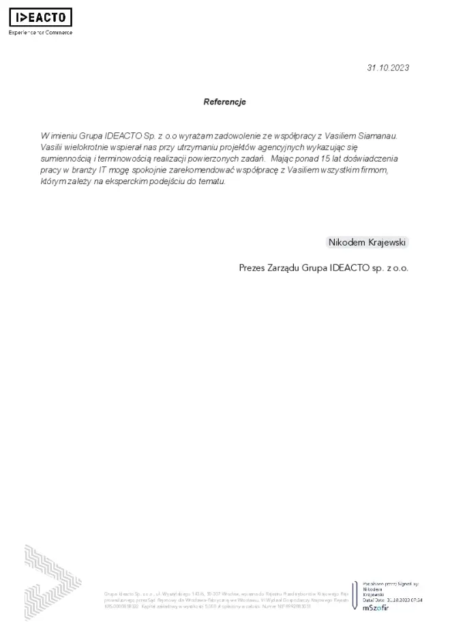 Wyrażenie zadowolenia ze współpracy, terminowości oraz sumienności jako webmaster od Ideacto