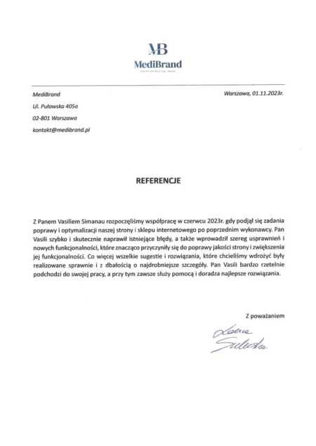 Referencje za poprawę i optymalizację strony oraz sklepu internetowego od Medibrand