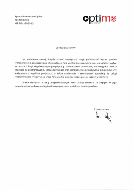 List referencyjny od Optimo potwierdzający wysoki poziom profesjonalizmu w świadczeniu usług programistycznych