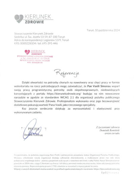 Referencje za pracę programistyczną od Kierunek Zdrowie