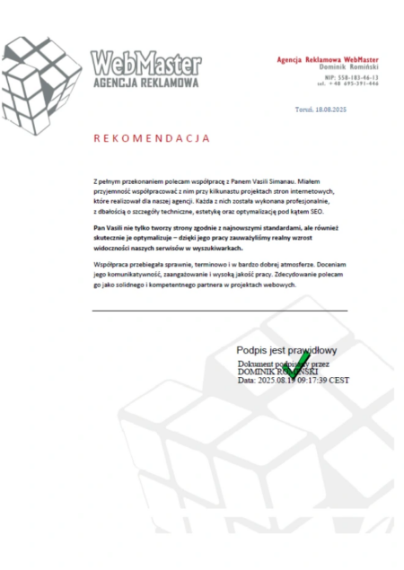 Rekomendacja współpracy nad serwisami internetowymi oraz prac programistycznych od WebMaster